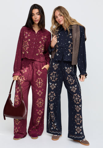PREORDER Penny Wide Leg Embroidered Trouser In Navy