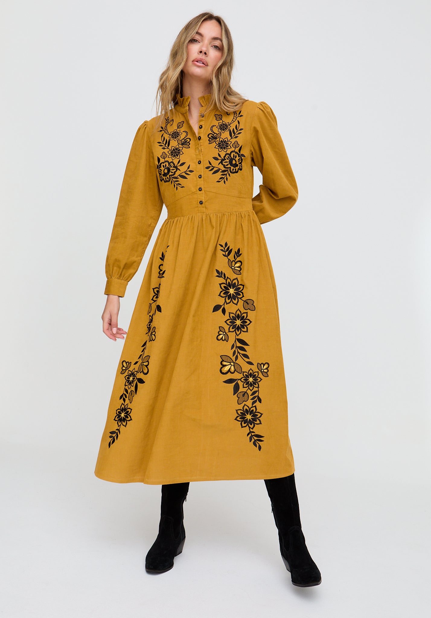 Puglia Corduroy Midi Dress Mustard