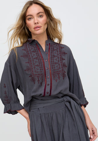 PREORDER Julie Ruffle Neck Embroidered Shirt In Dark Grey