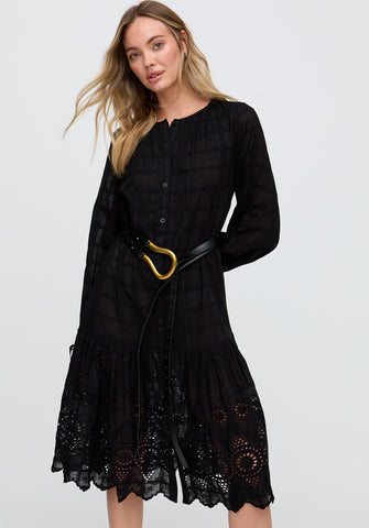 Olivia Button Down Embroidered Midi Dress In Black