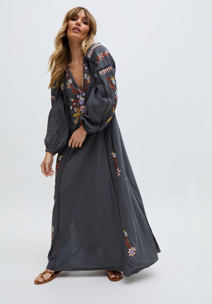 Elisa Kaftan Style Embroidered Maxi Dress In Grey