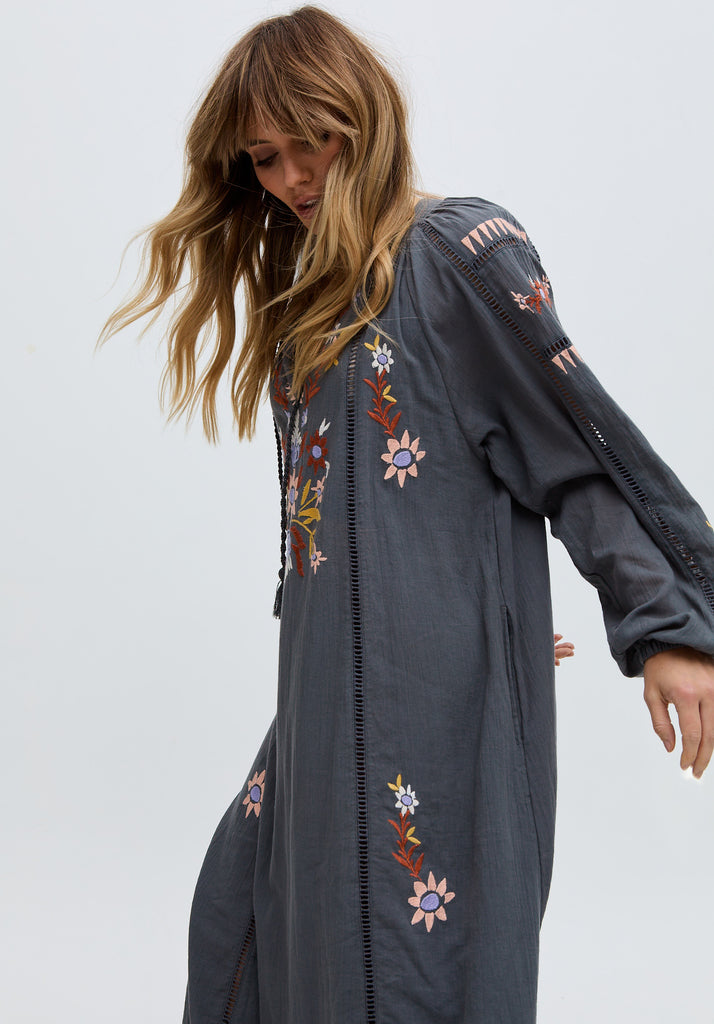 Elisa Kaftan Style Embroidered Maxi Dress In Grey