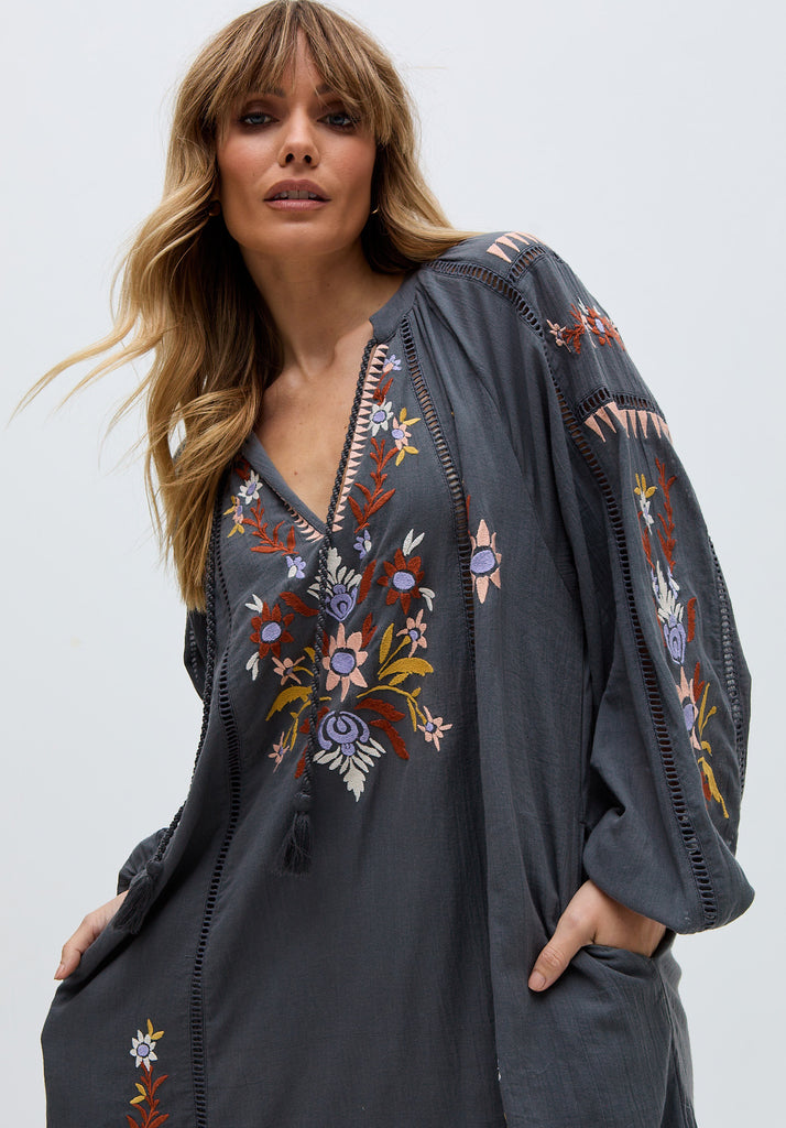 Elisa Kaftan Style Embroidered Maxi Dress In Grey