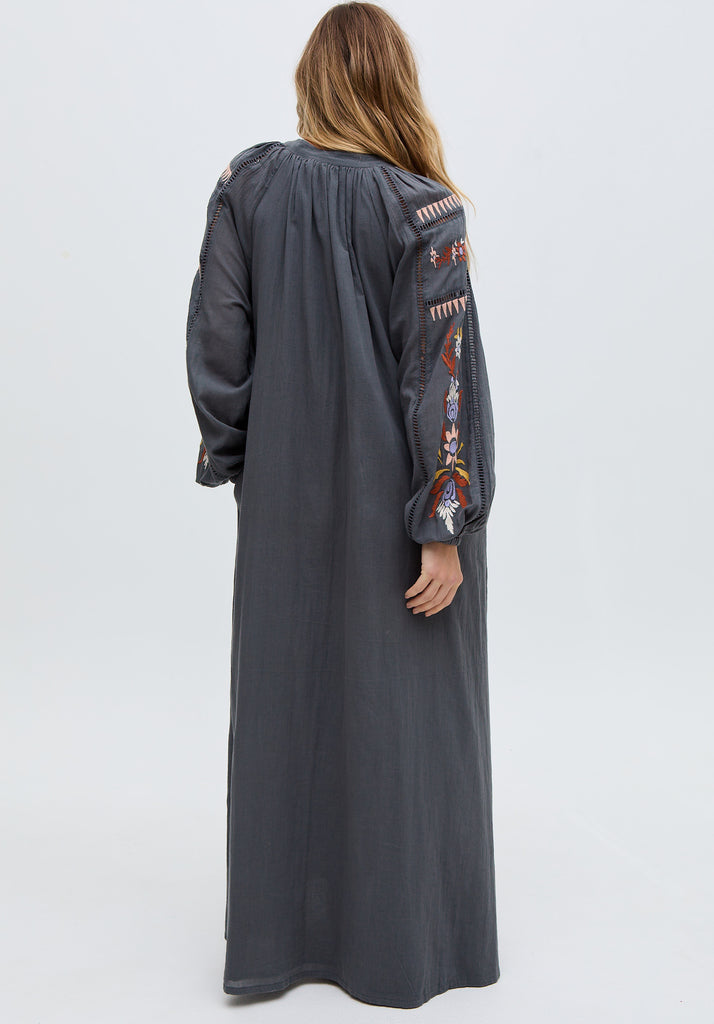 Elisa Kaftan Style Embroidered Maxi Dress In Grey