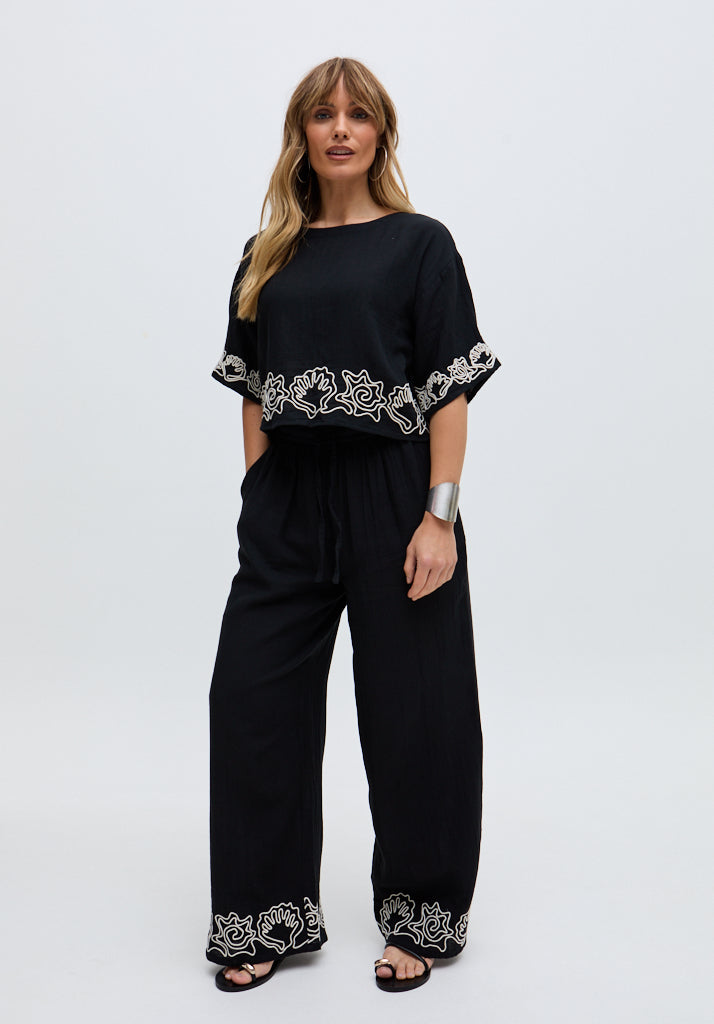 Womens Wide Leg Embroidered Trouser In Black - image 2