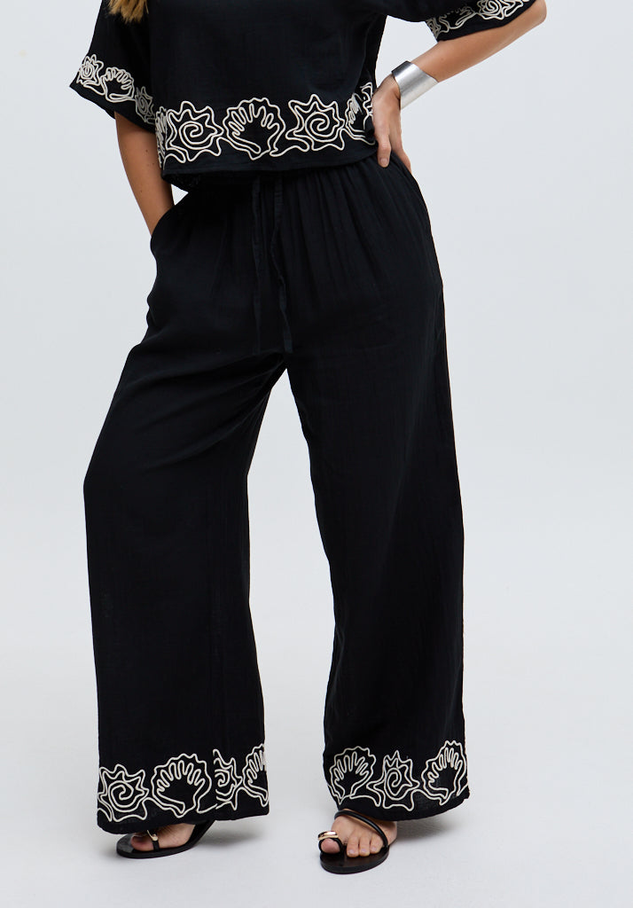 Womens Wide Leg Embroidered Trouser In Black - image 3