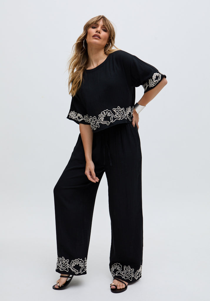 Womens Wide Leg Embroidered Trouser In Black - image 1