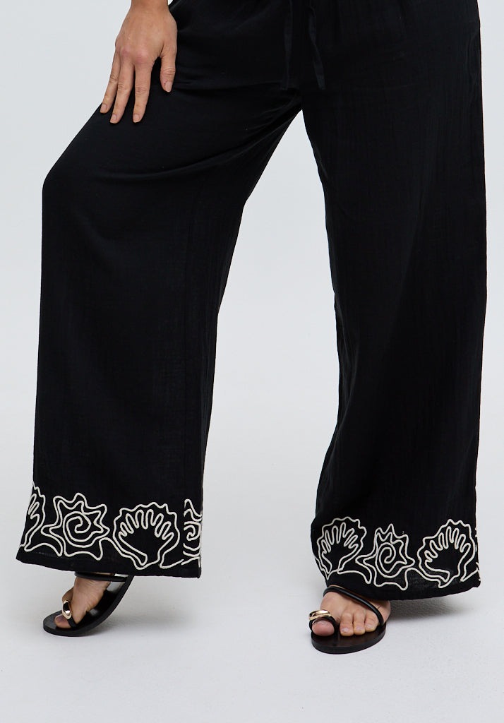 Womens Wide Leg Embroidered Trouser In Black - image 4