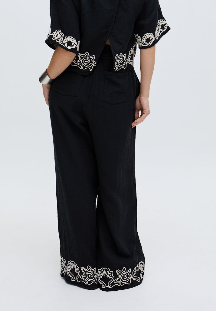 Womens Wide Leg Embroidered Trouser In Black - image 5