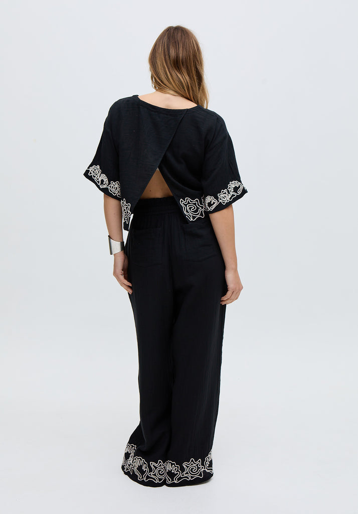 Womens premium floral Embroidered Split Open Back Blouse In Black - image 5