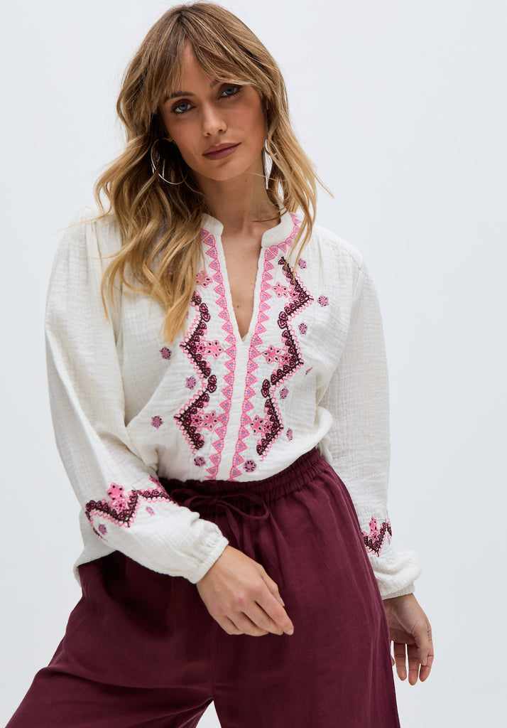 Dina V-Neck Embroidered Double Gauze Blouse In White