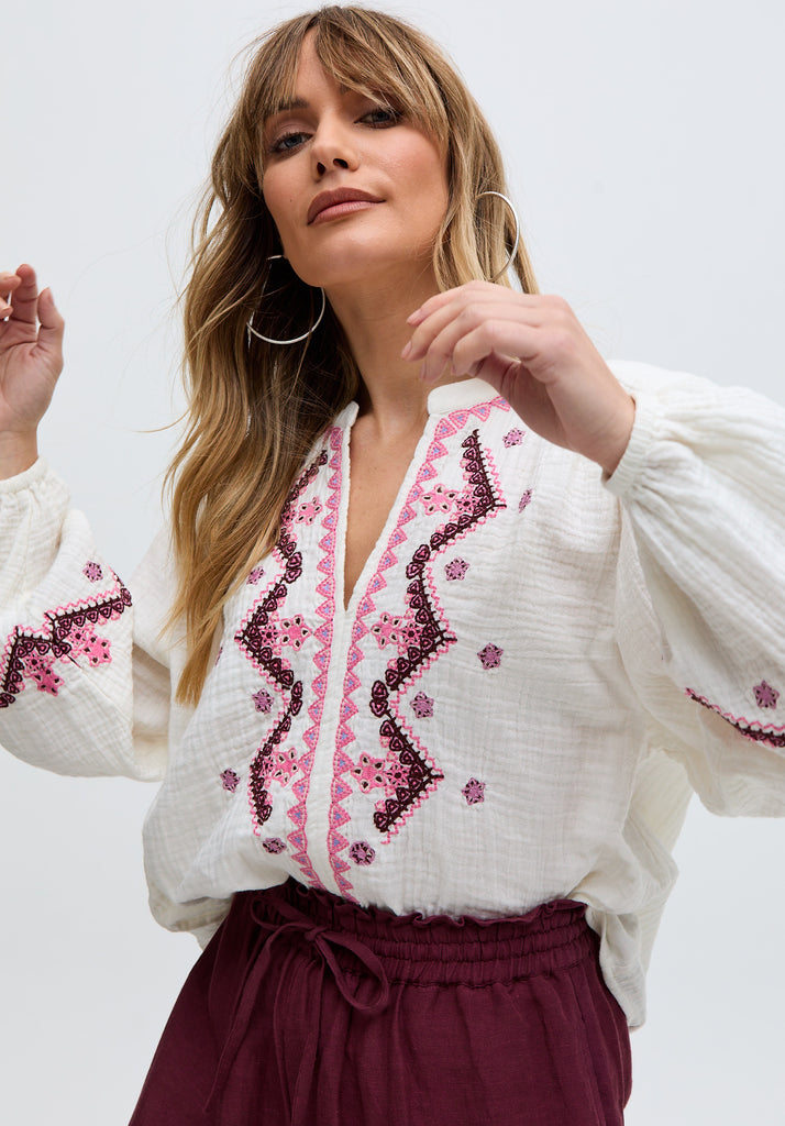 Dina V-Neck Embroidered Double Gauze Blouse In White