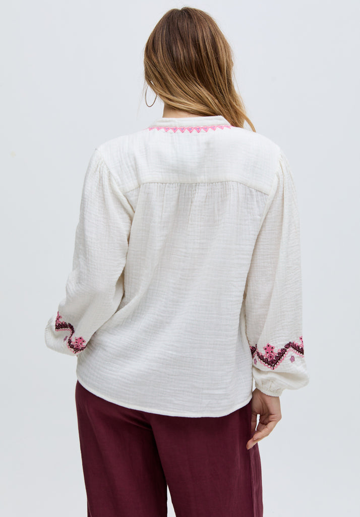 Dina V-Neck Embroidered Double Gauze Blouse In White