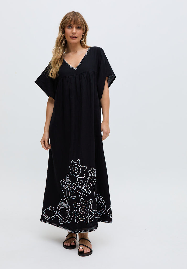 Womens premium floral Embroidered Hem Midi Dress In Black - image 1