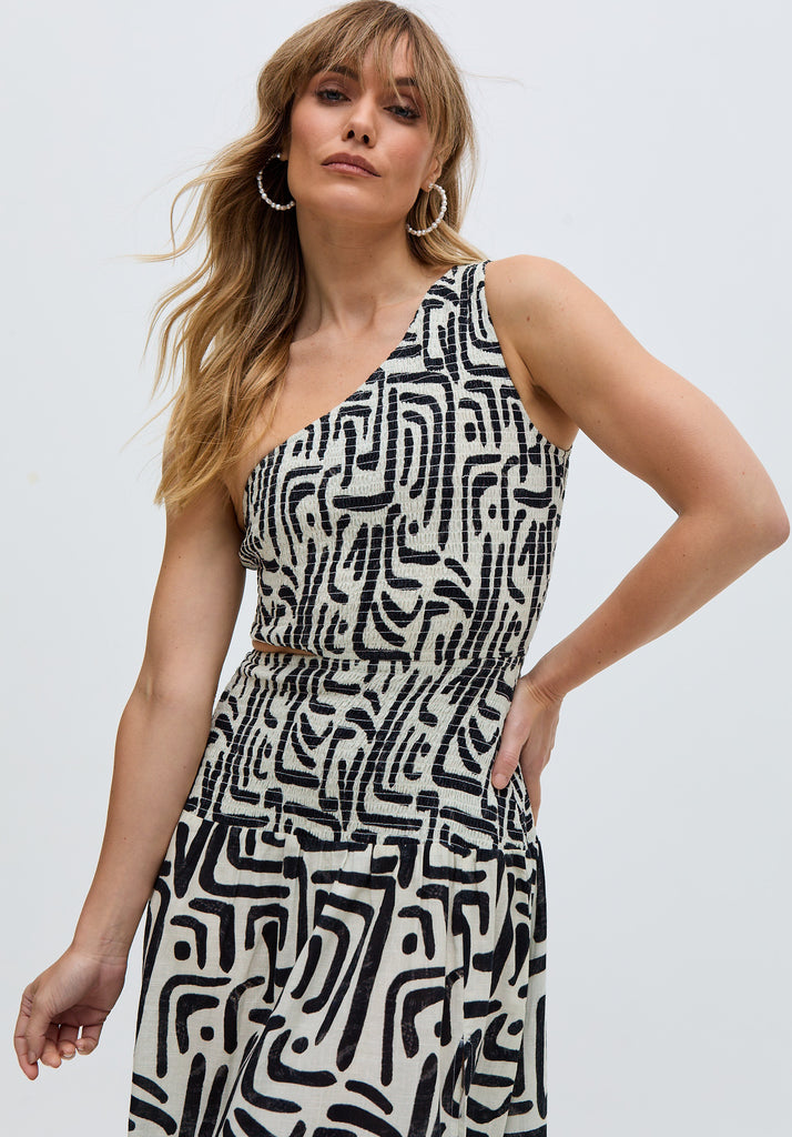 Jazz Jersey One Shoulder Warhol Print Midi Dress in Black