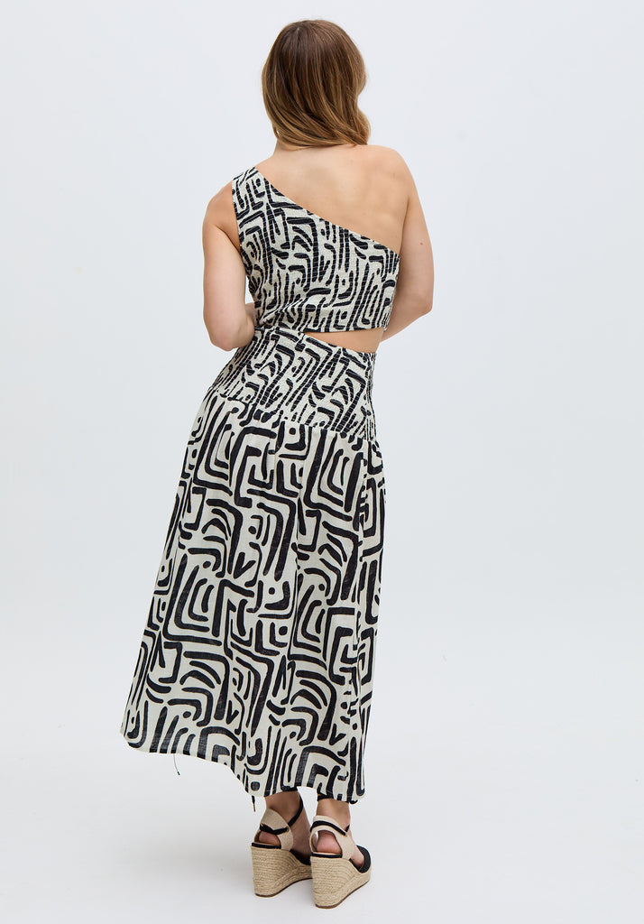 Jazz Jersey One Shoulder Warhol Print Midi Dress in Black