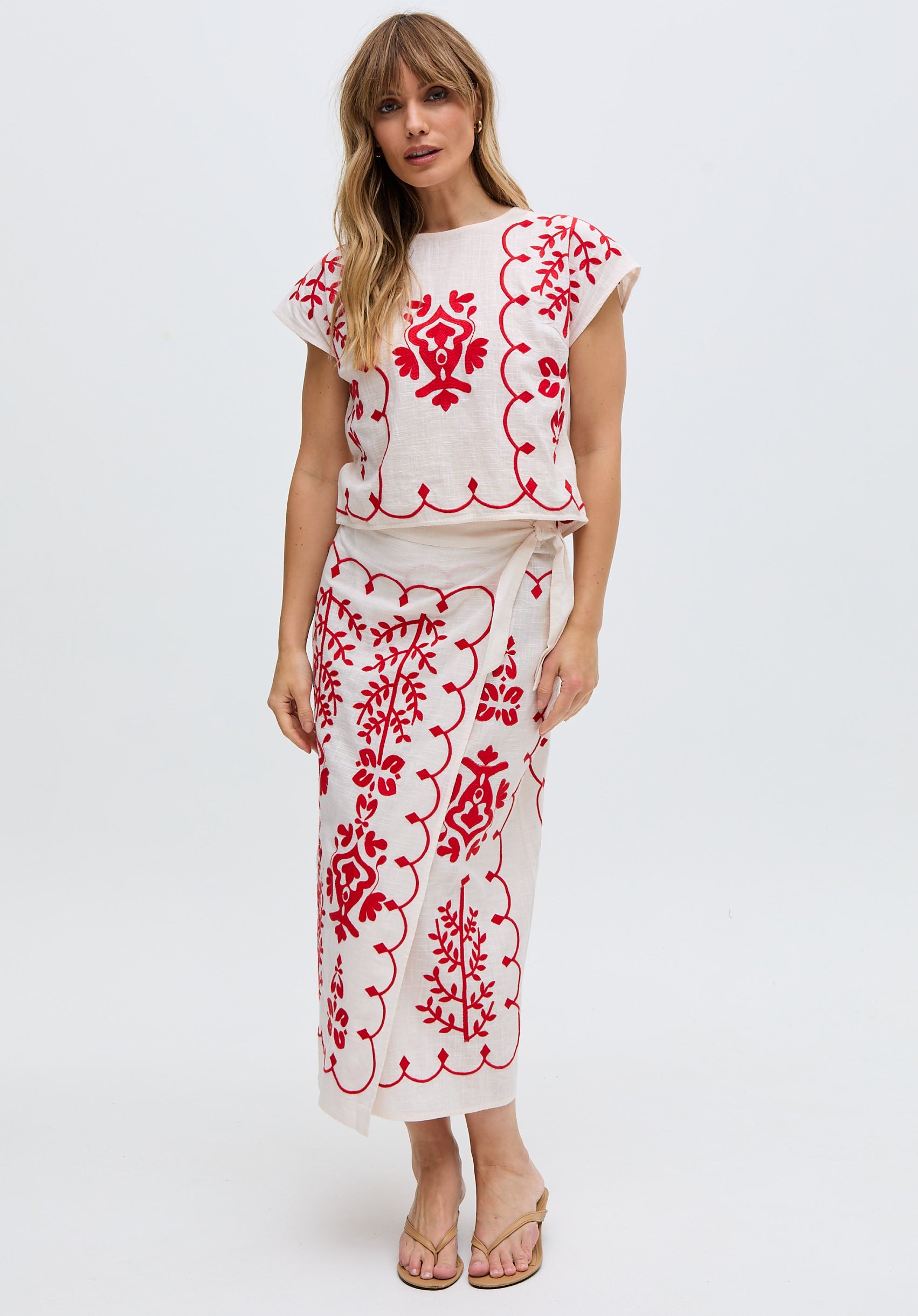 Fraya Cross Hatch Embroidered Wrap Midi Skirt