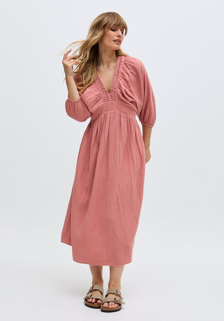 Soipoi Ruched V-Neck Midi Dress In Pink