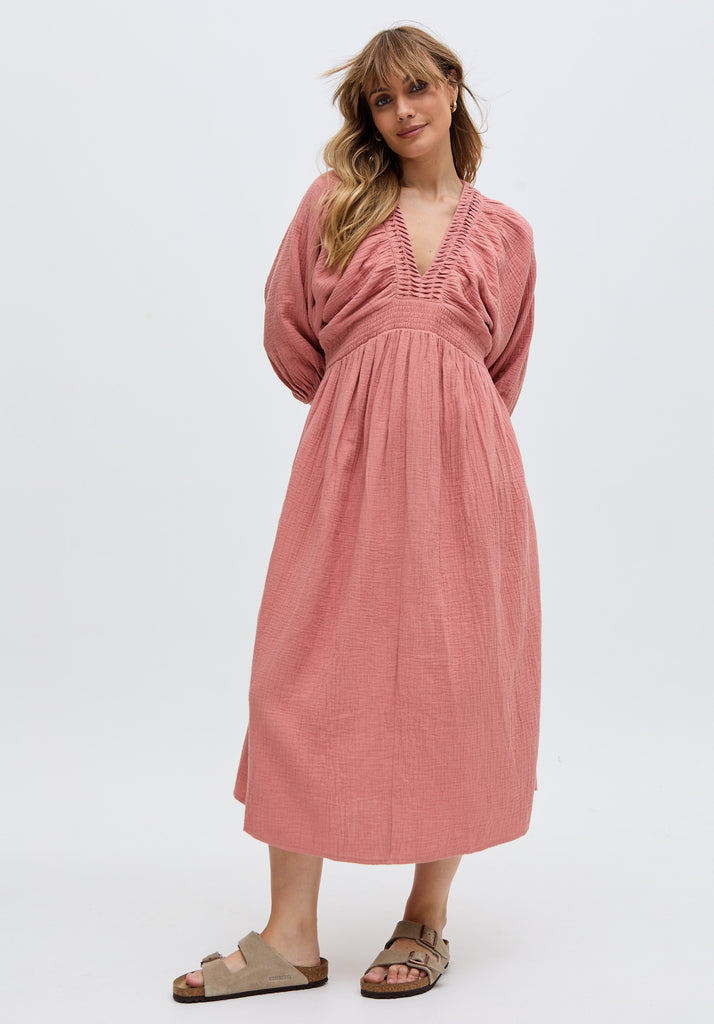 Soipoi Ruched V-Neck Midi Dress In Pink