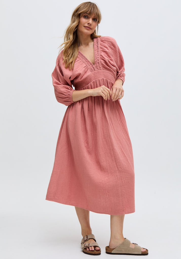 Soipoi Ruched V-Neck Midi Dress In Pink