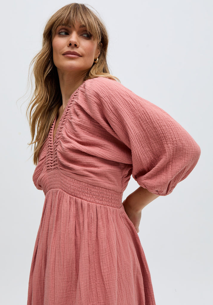 Soipoi Ruched V-Neck Midi Dress In Pink