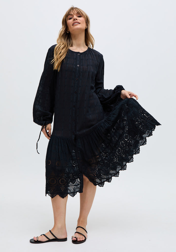 Olivia Button Down Embroidered Midi Dress In Black