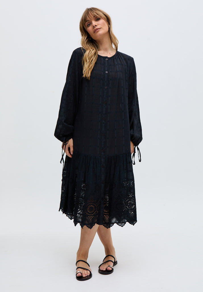 Olivia Button Down Embroidered Midi Dress In Black