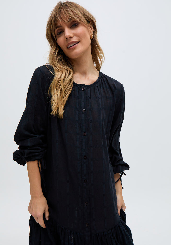 Olivia Button Down Embroidered Midi Dress In Black