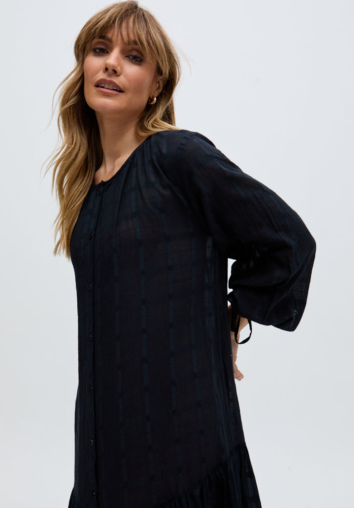 Olivia Button Down Embroidered Midi Dress In Black