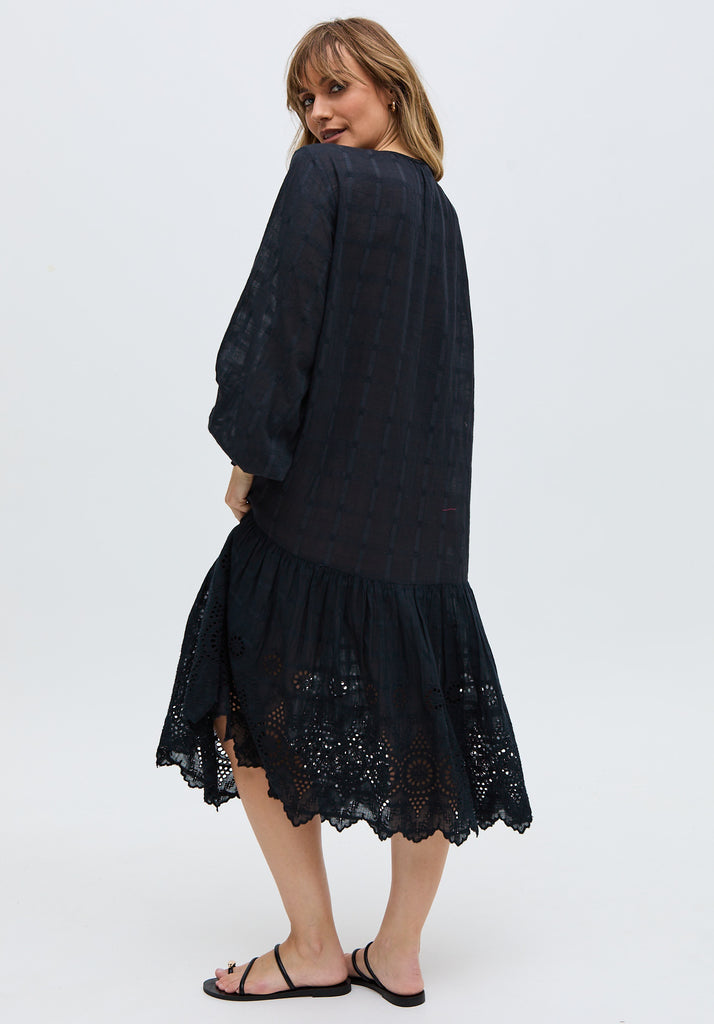 Olivia Button Down Embroidered Midi Dress In Black