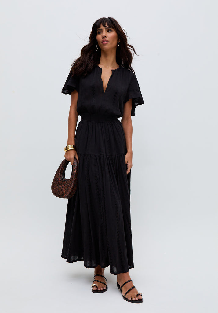 womens premium Flutter Sleeve Jacquard Maxi Dress In Black - image 1