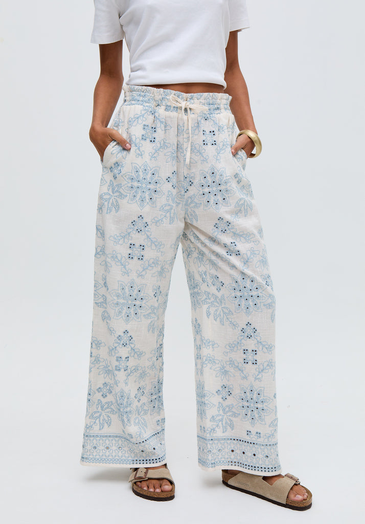 Cherice Wide leg All Over Embroidered Trouser In White