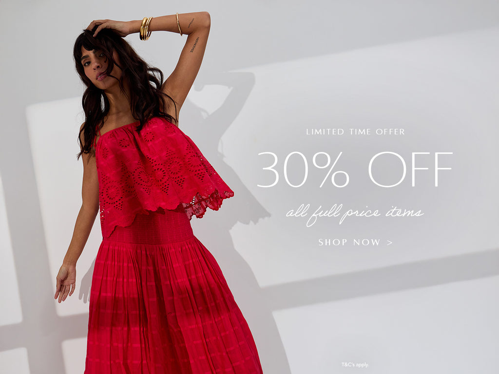 Mirella Spaghetti Strap Embroidered Skirt In Red, with matching Rufa Smocked Waist Embroidered Midi Cami In Red. Copy on image '30% Off All Full Price - shop now'.