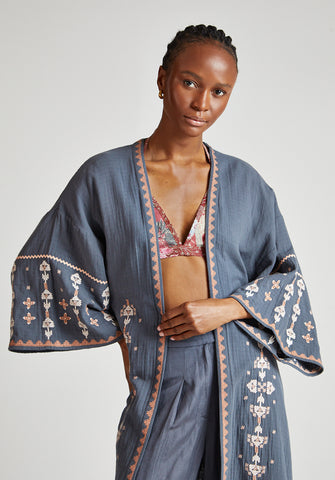 Gloral Edge To Edge Embroidered Kimono In Grey