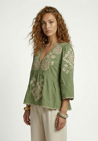Aubrey V-Neck Embroidered Blouse In Green
