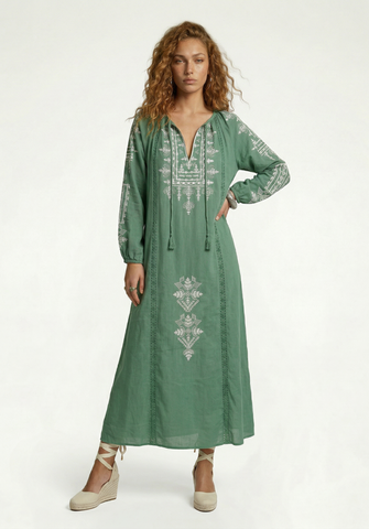 Aurelia Kaftan Style Embroidered Maxi Dress In Sage Green