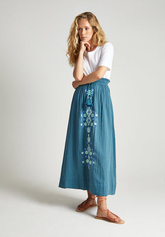 Azalea Paperbag Shirred Waist Maxi Skirt In Blue