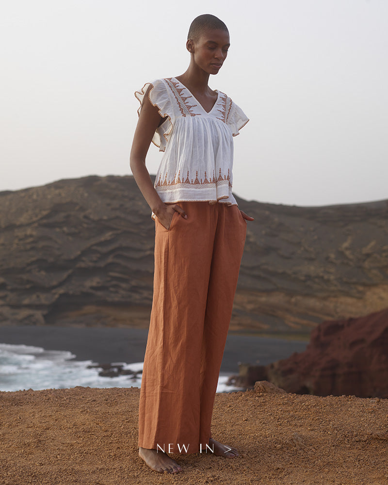 Model wears Mariana Embroidered Blouse in Cream, paired with Brown Paulina Wide Leg Trouser. Copy on image 'New In'