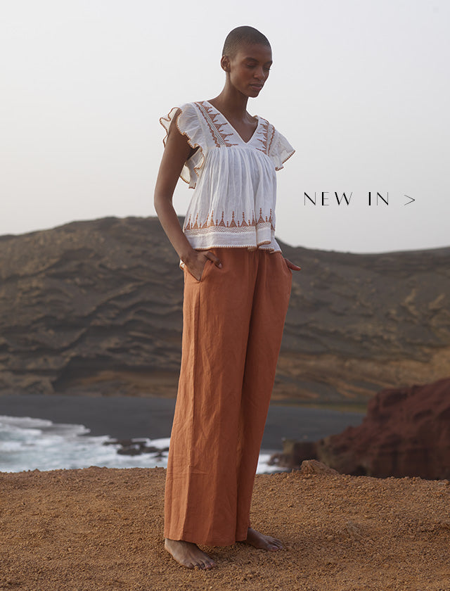 Model wears Mariana Embroidered Blouse in Cream, paired with Brown Paulina Wide Leg Trouser. Copy on image 'New In'