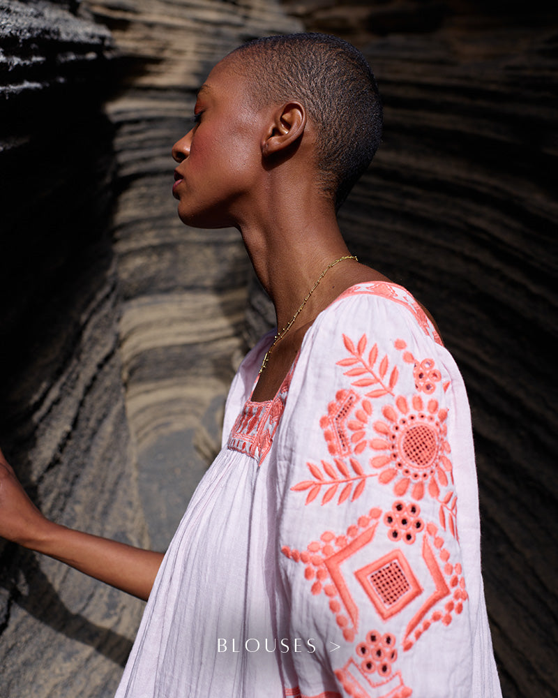 Model wears our Clara Square Neck Embroidered Blouse In Pink. Copy on image 'Blouses'.