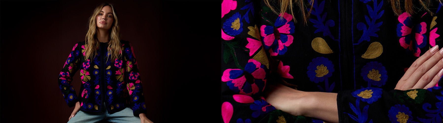 Woman wearing a colorful floral-patterned cardigan against a dark background