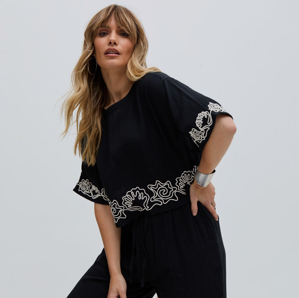 Milly Embroidered Split Open Back Blouse In Black, paired with matching Milly Wide Leg Embroidered Trouser In Black