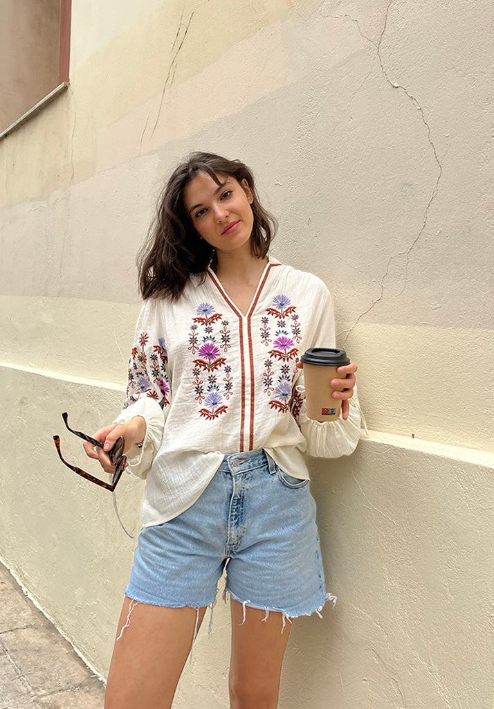 Dina Shirt in Cream With Multicoloured Embroidery