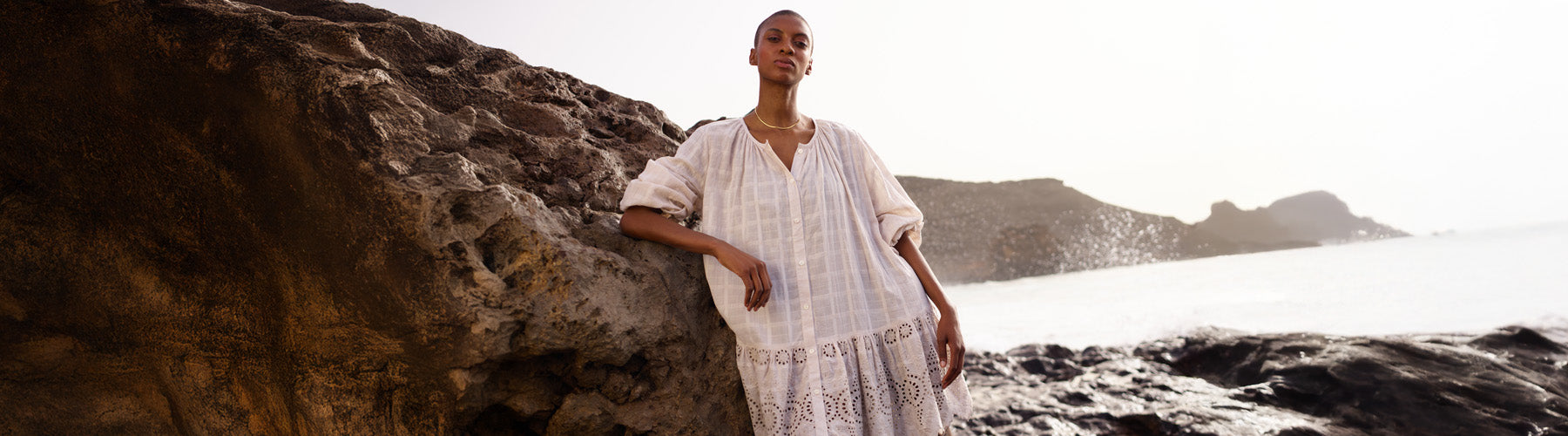 Model wears our Olivia Button Down Embroidered Mini Dress In Cream