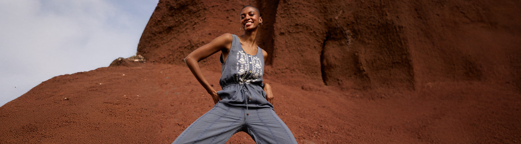 model wearing embroidered jumpsuit  - desktop