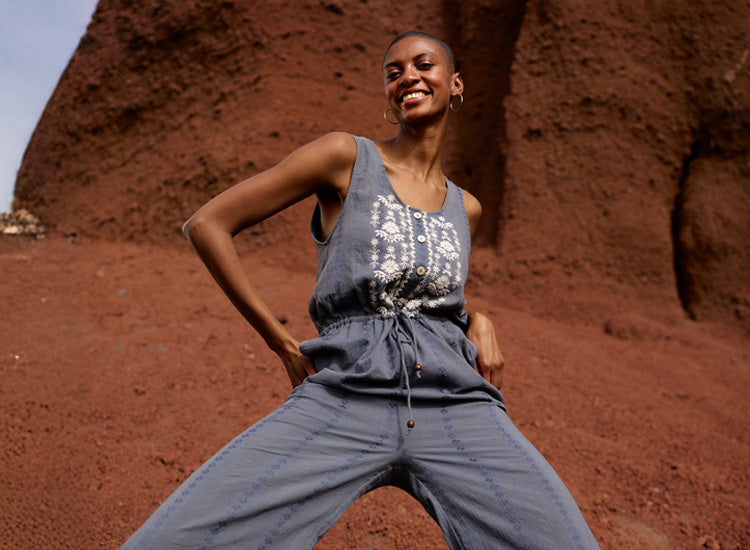 model wearing embroidered jumpsuit  - mobile