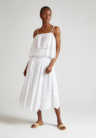 Mirella Smocked Waist Embroidered Midi Skirt In White