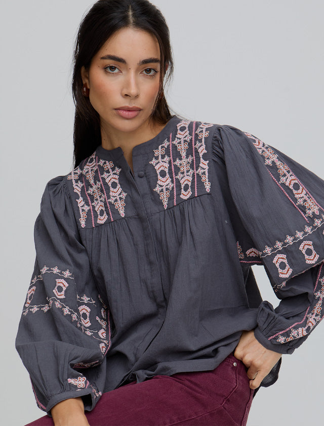 Model wears the Demi Embroidered Ballon Sleeve Shirt In Grey