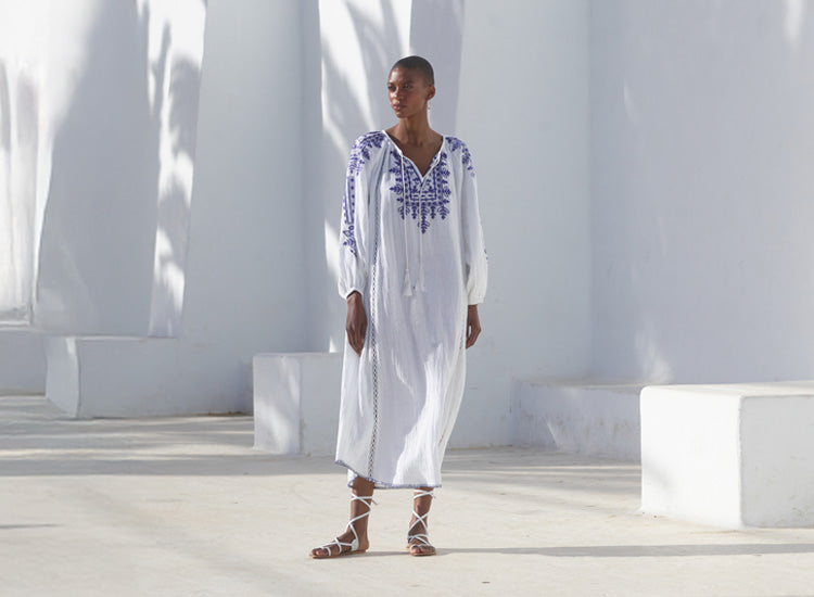 Model wears our Aurelia Kaftan Style Embroidered Maxi Tunic Dress In White