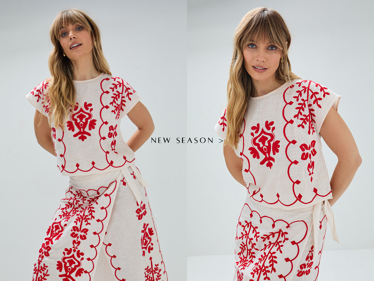 Model styles the Fraya Cross Hatch Embroidered Wrap Midi Skirt In White, with matching Fraya Cross Hatch Embroidered Crop Top In White. Copy on image 'New Season'.